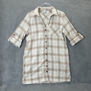 Cozy Co Shirt Women Medium‎ Ivory Plaid Button Up Tunic Lightweight Shacket